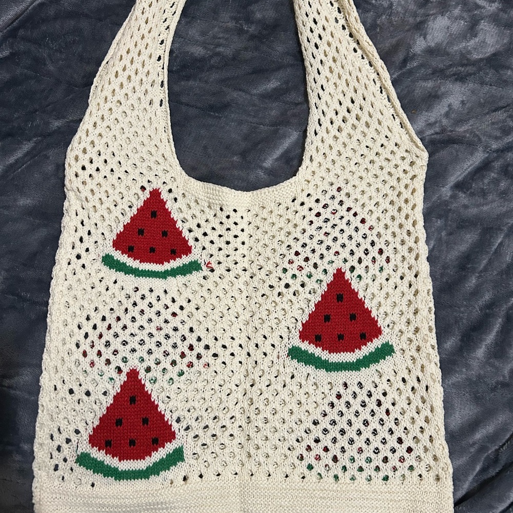 Cream Crochet Tote with Red Watermelon Motifs